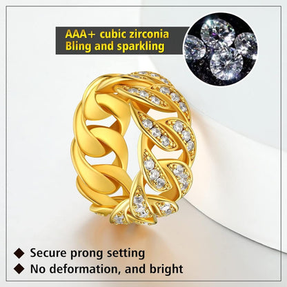 FindChic Cubic Zirconia 14K Gold Plated Statement Band Cuban Chain Rings for Men Women