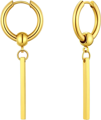 FindChic Stainless Steel 14K Gold Plated Bar Drop Hoop Earrings