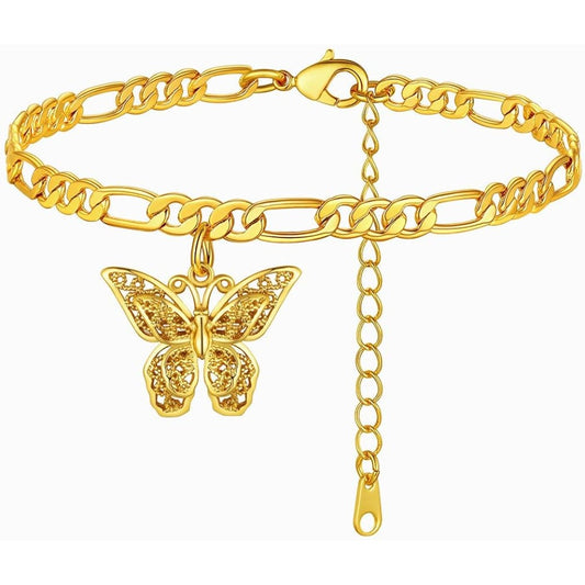 FindChic 14K Gold Plated  Butterfly Figaro Chain  Anklets for Women