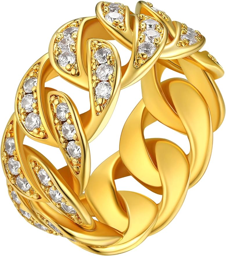 FindChic Cubic Zirconia 14K Gold Plated Statement Band Cuban Chain Rings for Men Women