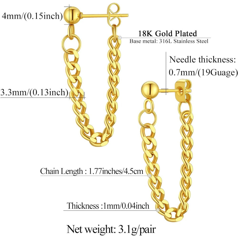 FindChic 14K Gold Plated Stainless Steel tassel Curb Cuban Link Chain Drop Earrings